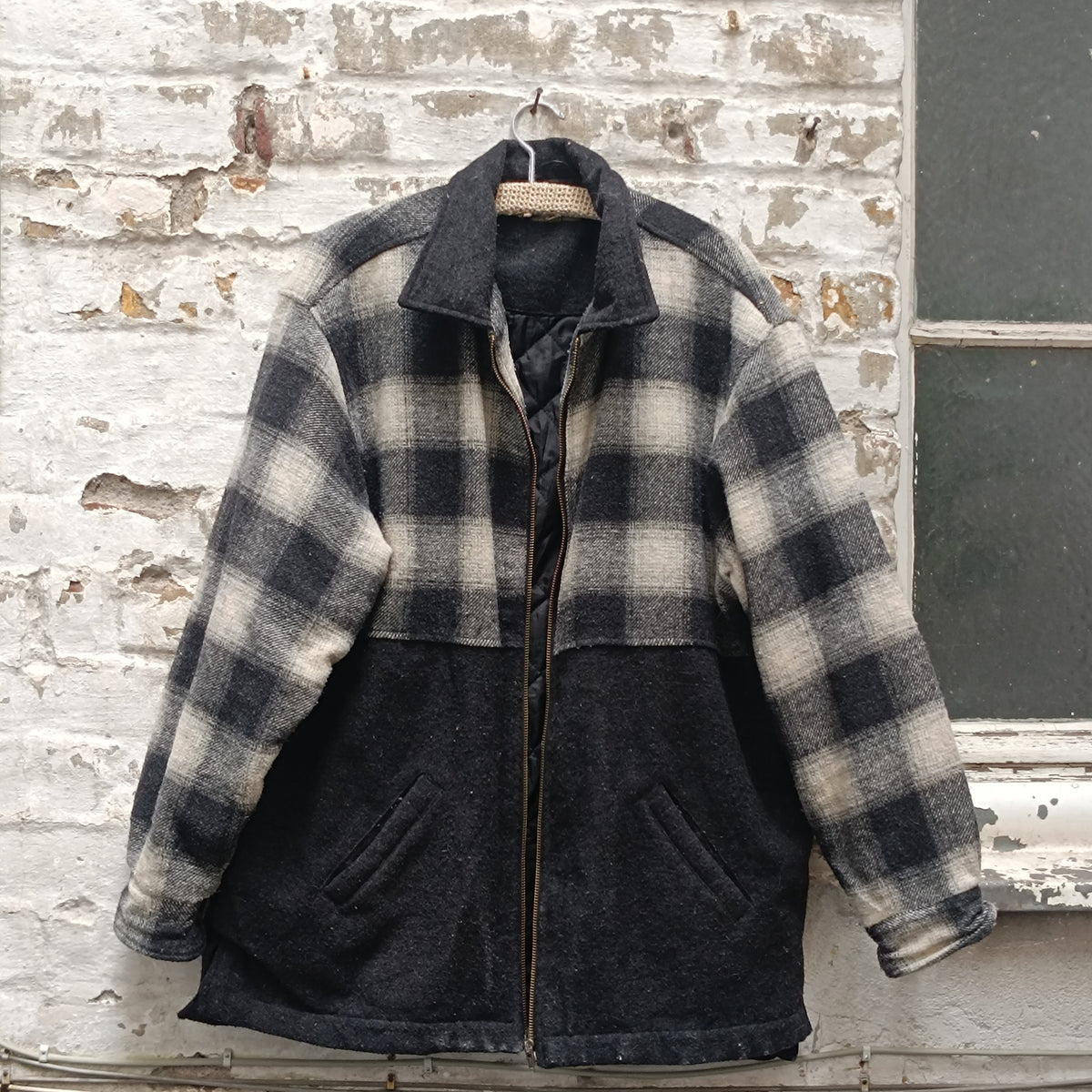 Vintage 90er Wolle Jacke Holzfäller Karo Schwarz Grau - Herren L Damen XL