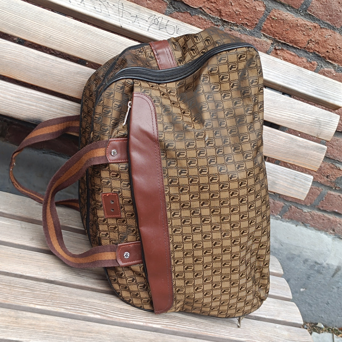 Vintage Monogram Duffle Bag - Retro Brown Geometric Travel Bag - Unisex Weekender