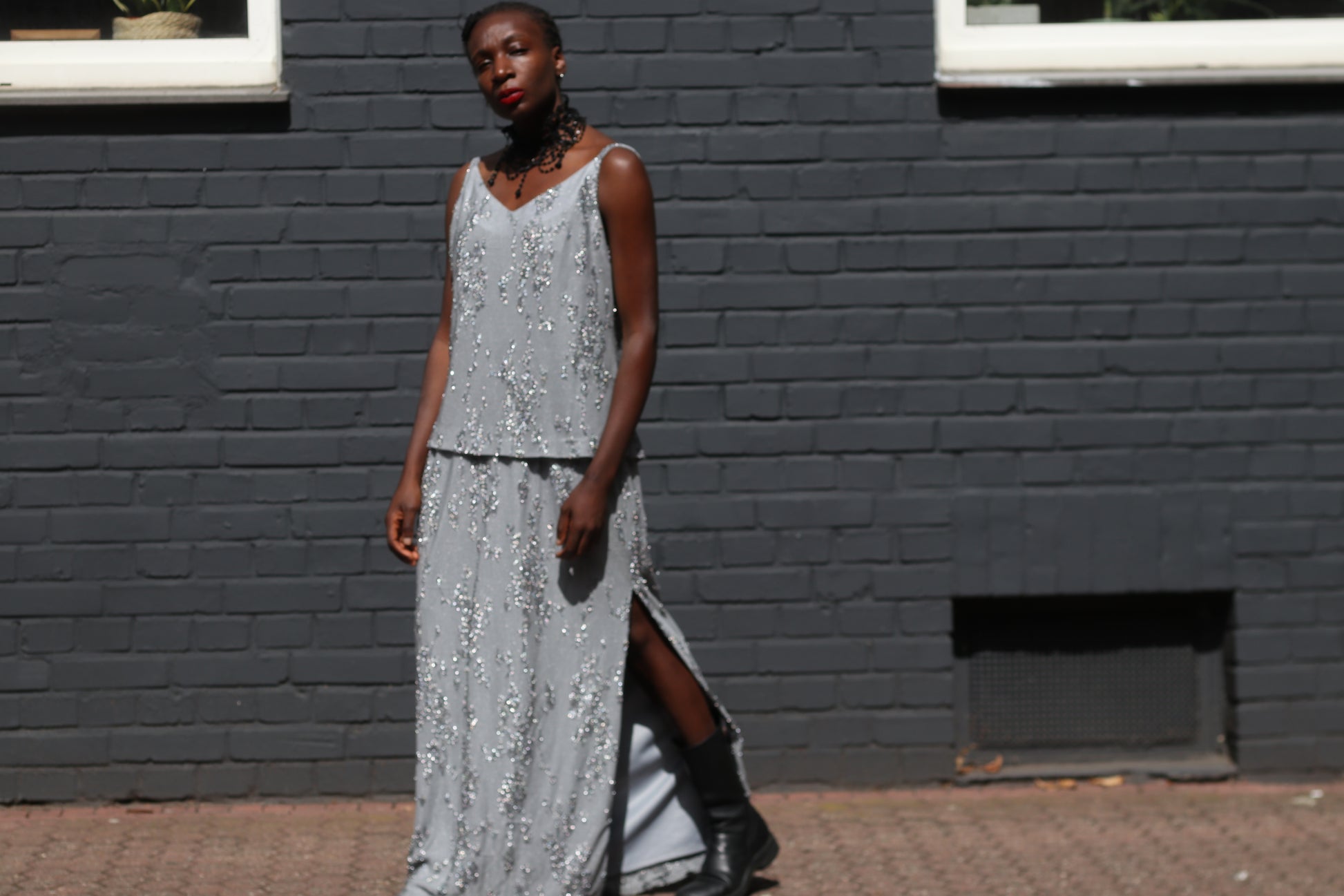 Vintage Silver Sequin Layered Dress - 90s Huey Waltzer En Francais Maxi