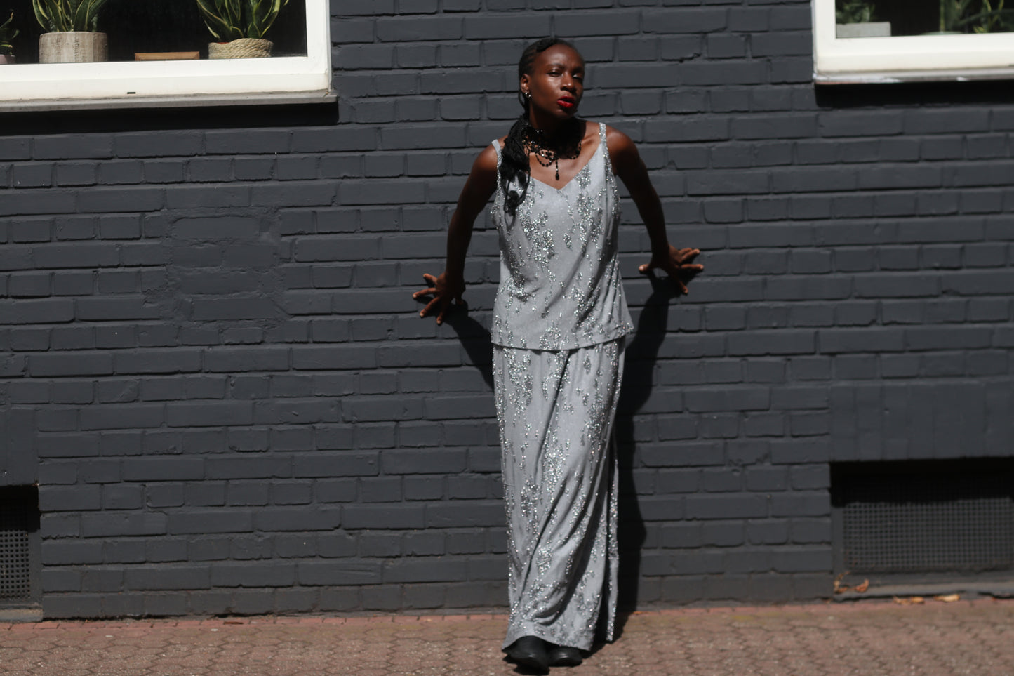 Vintage Silver Sequin Layered Dress - 90s Huey Waltzer En Francais Maxi