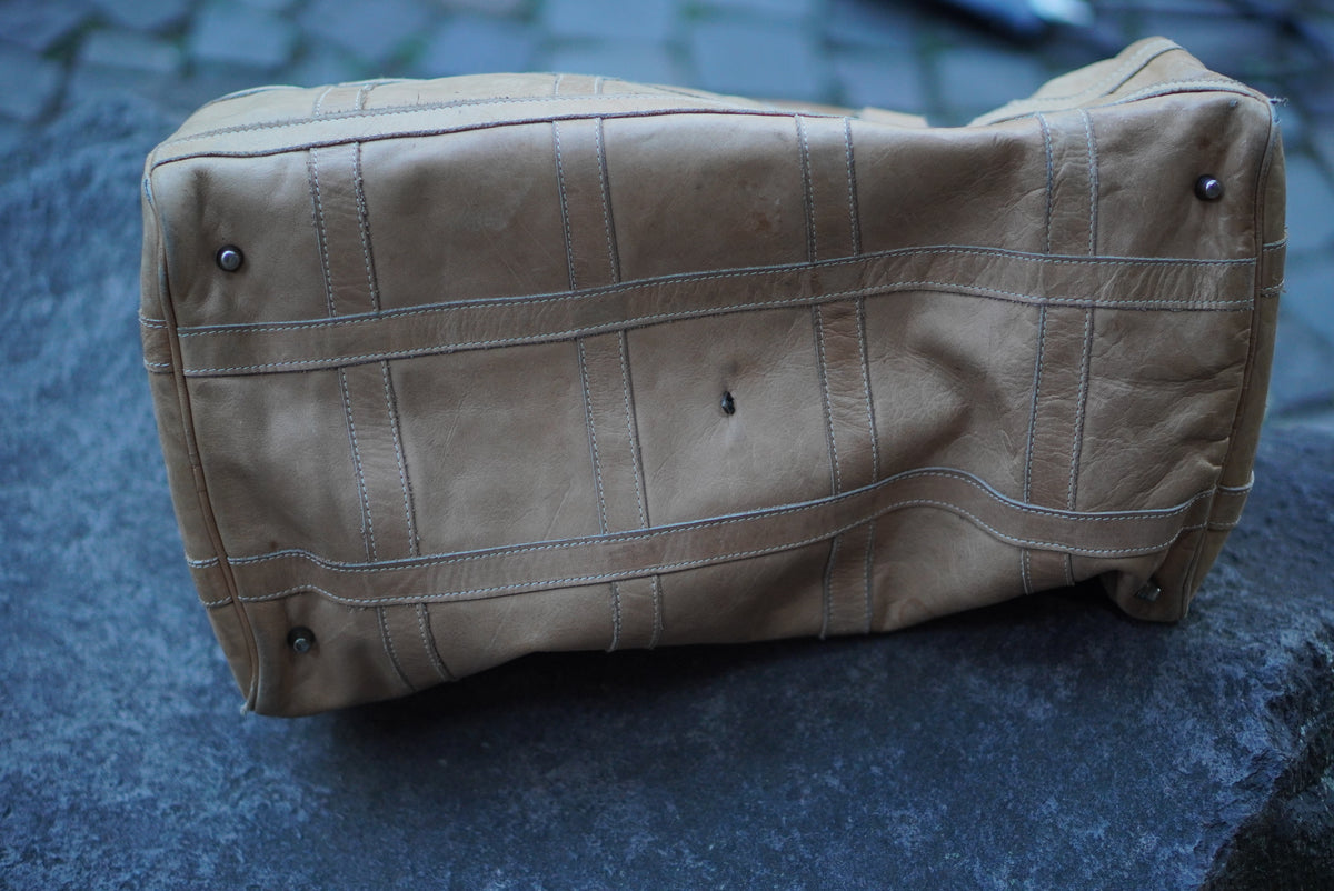 Vintage Patchwork Leather Duffle Bag - 1970s Tan Travel Holdall