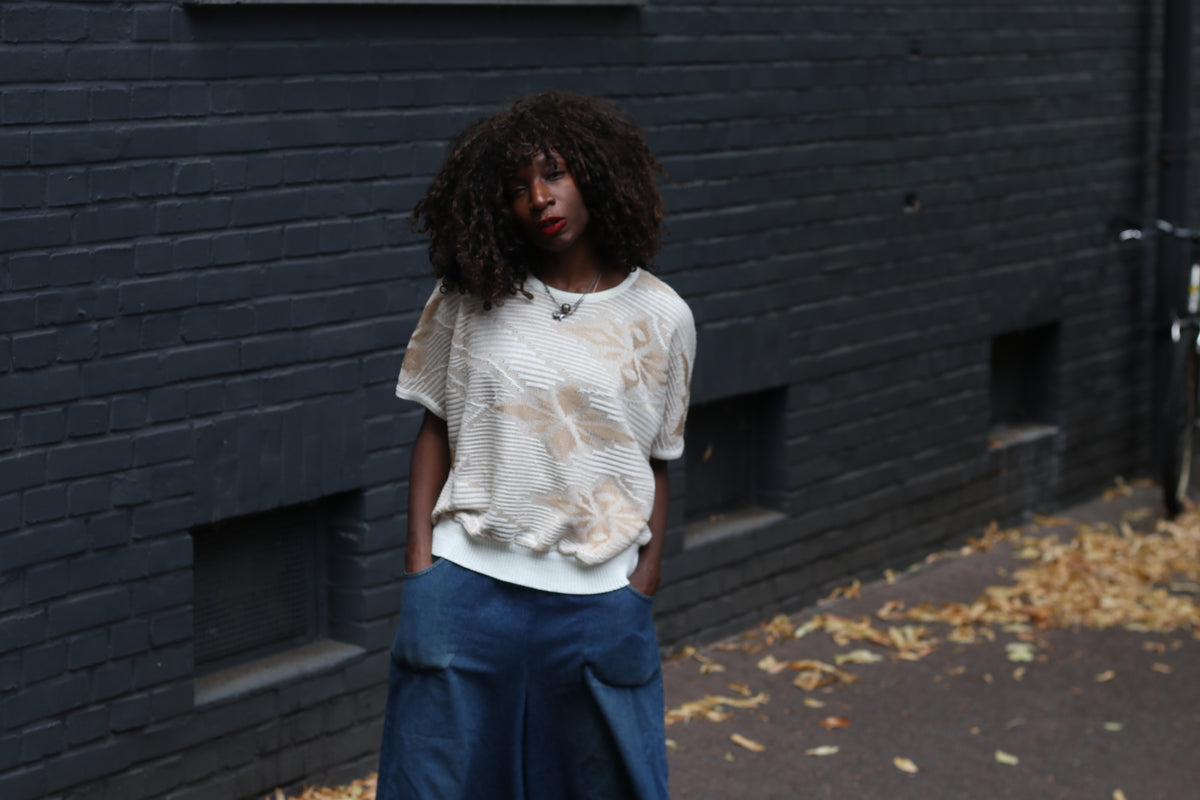Vintage Short Sleeve Knit Top - 80s Textured Cream Sweater S/M