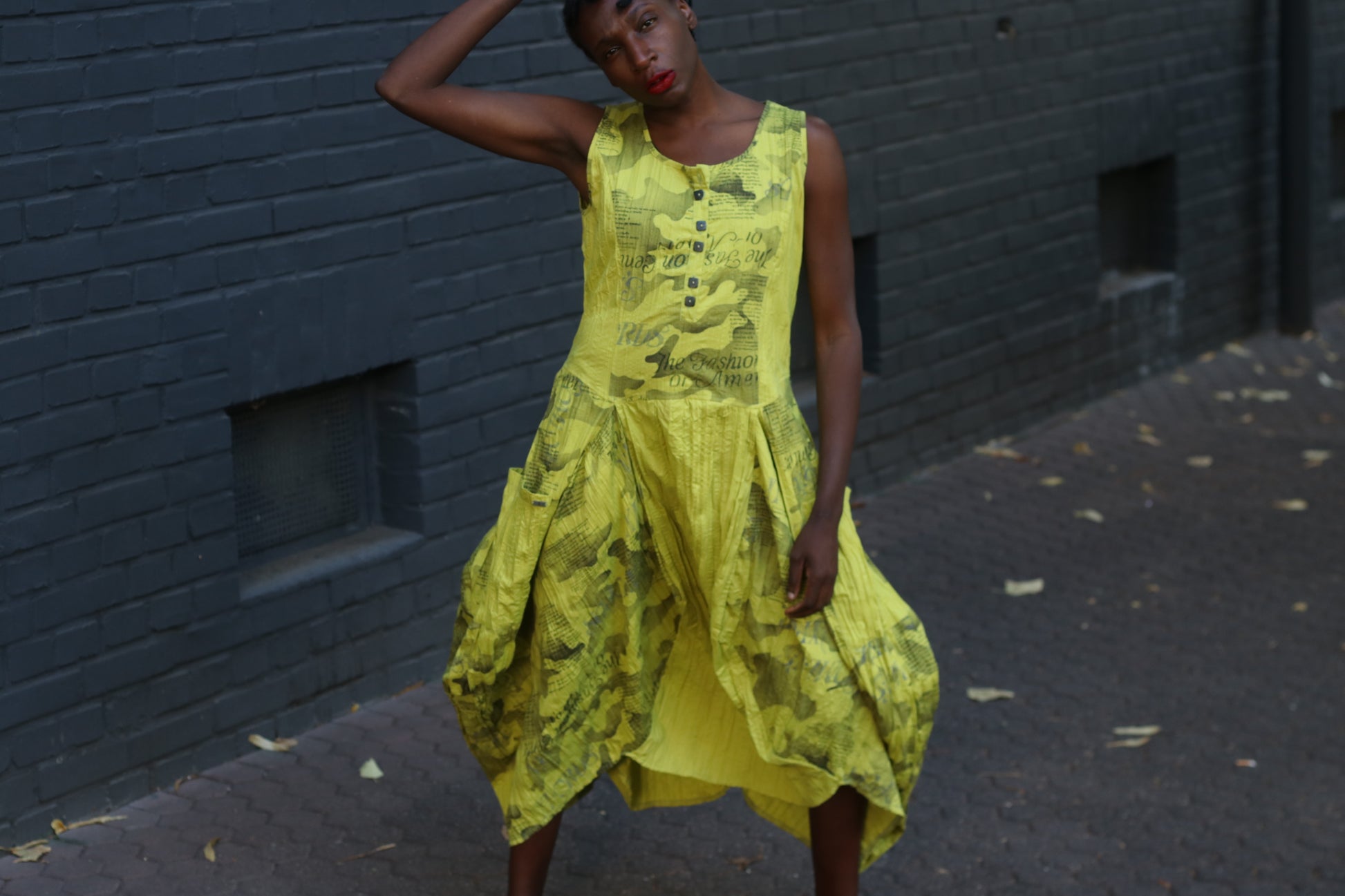 Yellow Avant-Garde Newspaper Dress - 90s Printed Balloon Midi - M/L