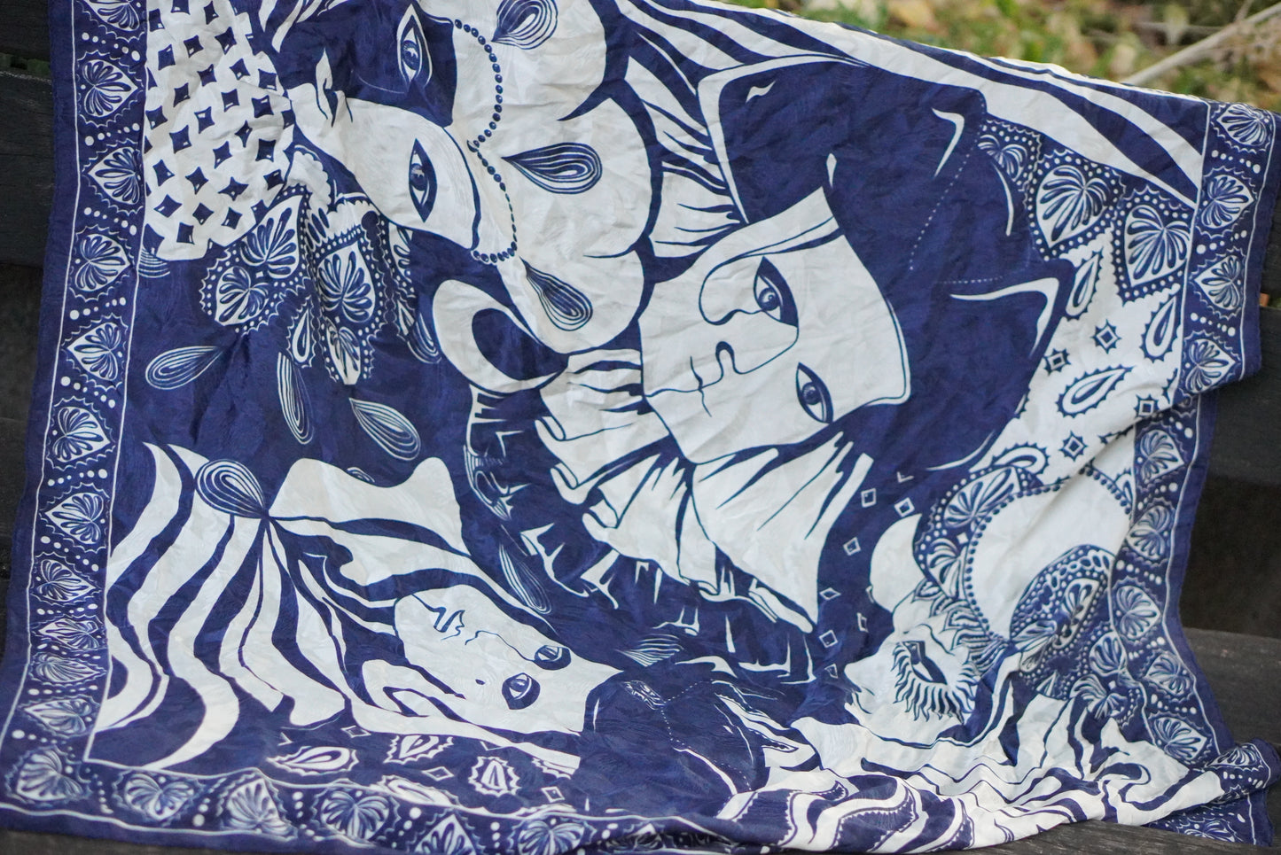 Vintage 1980s Silk Scarf Venetian Masquerade Navy Blue Jacquard Harlequin Border