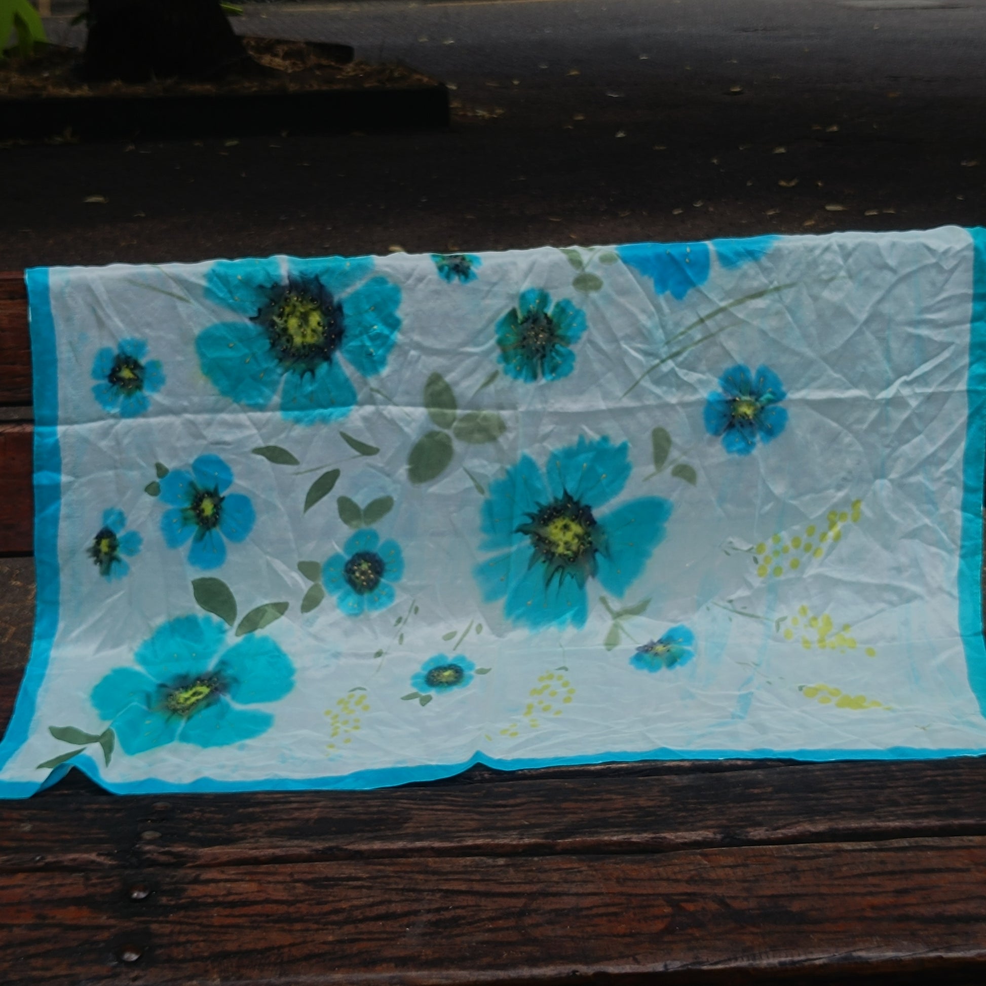Vintage Hand Painted Silk Scarf - 90s Turquoise Floral Shawl