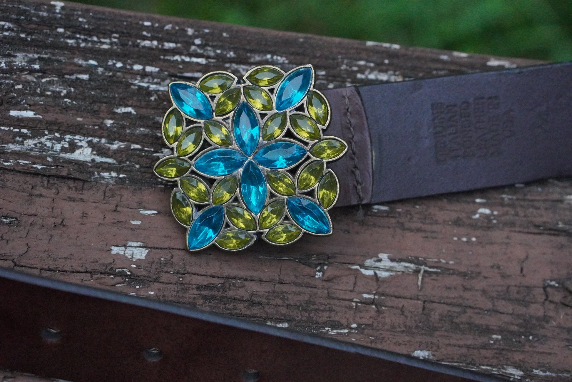 Vintage Y2K Italian Leather Belt - Blue Green Rhinestone Buckle Boho