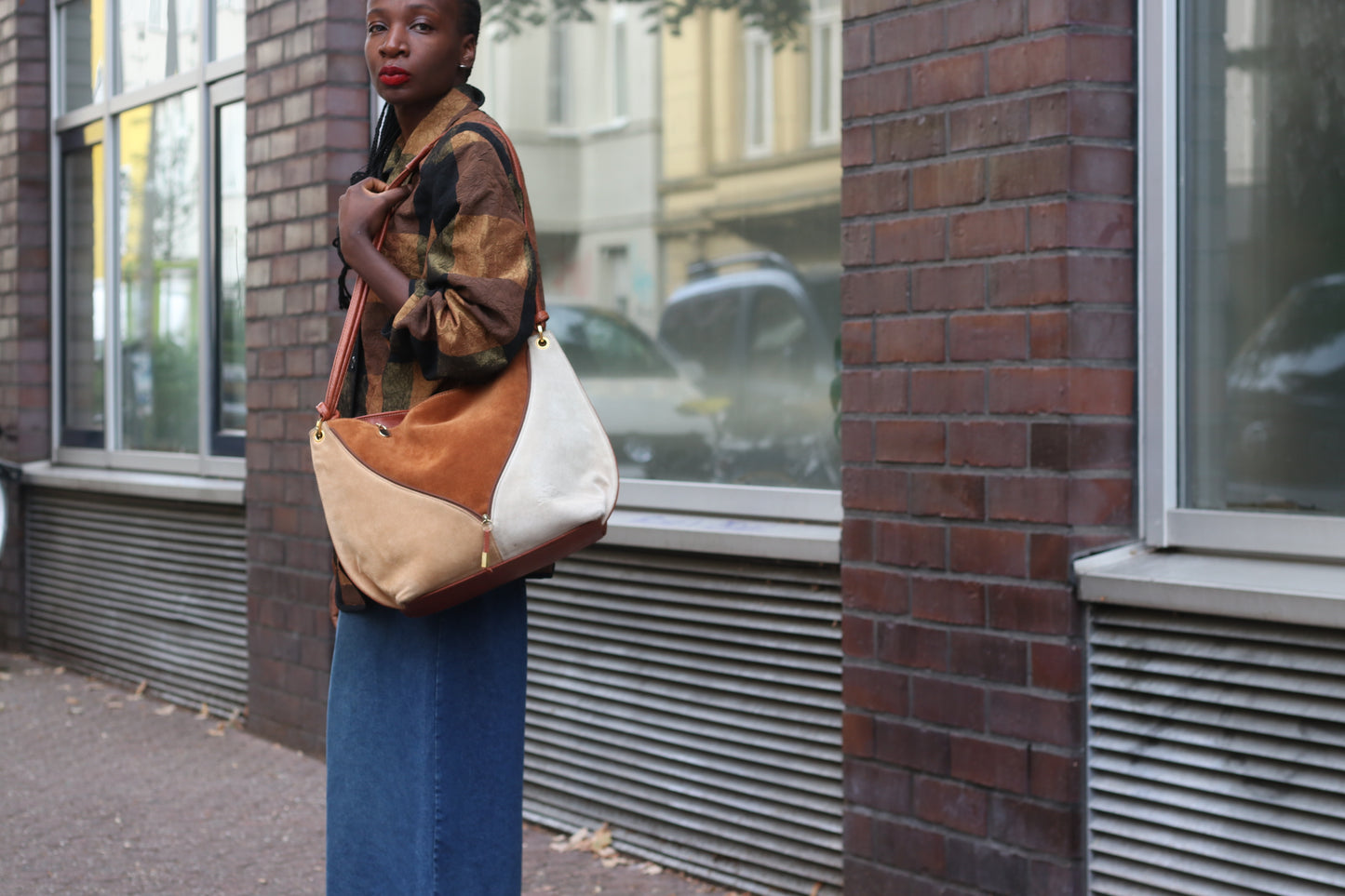 Suede Shoulder Bag - Vintage 80s Patchwork Tote - Brown Cream | Medium