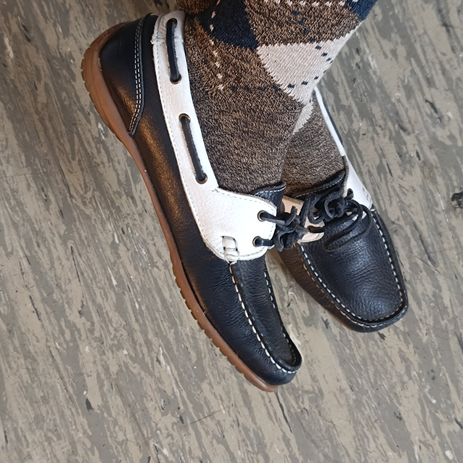 Vintage Boat Shoes | 90s Two Tone Leather Loafers Navy White EU 39