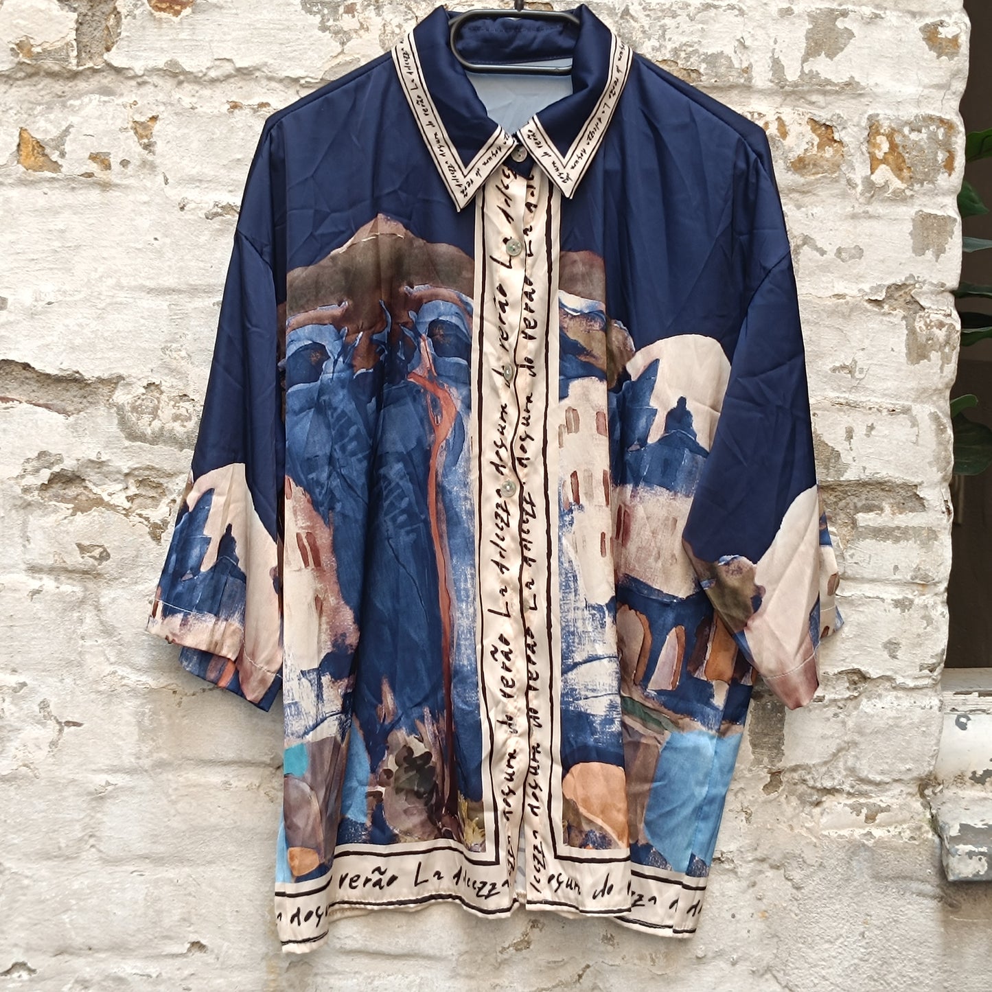 Vintage Silk Landscape Print Shirt - 90s Oversized Blue Blouse  M/L