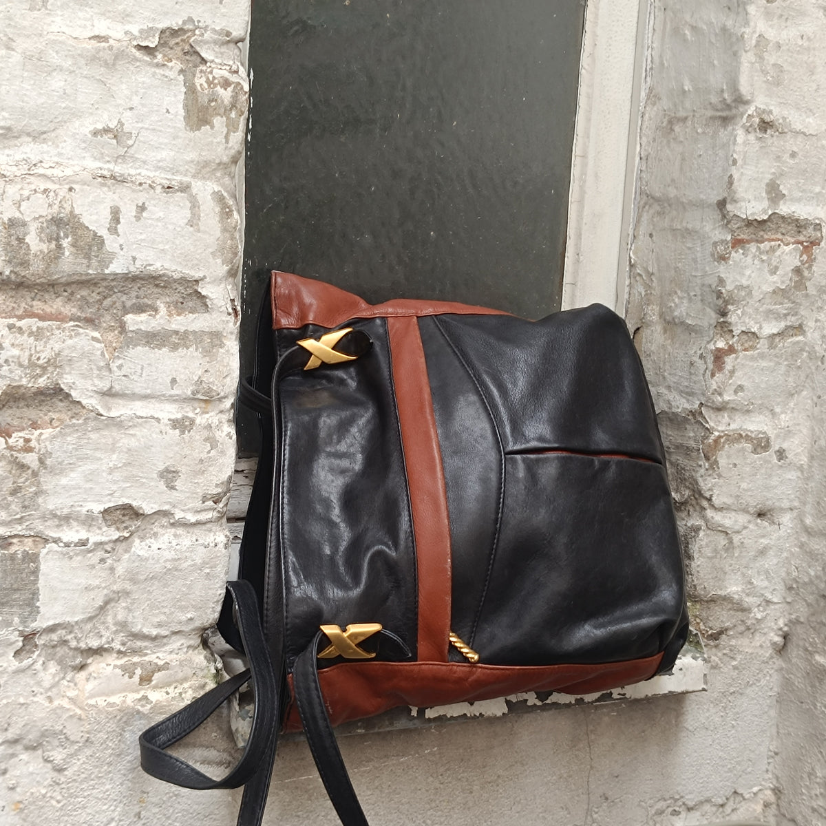 Vintage Leather Tote Bag | 90s Two Tone Black Brown Shoulder Purse