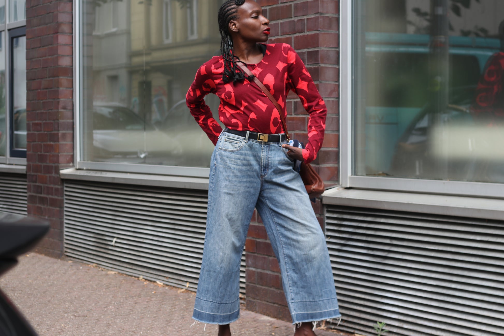 Marimekko Vintage Red Graphic Top - Y2K Long Sleeve Cotton Shirt