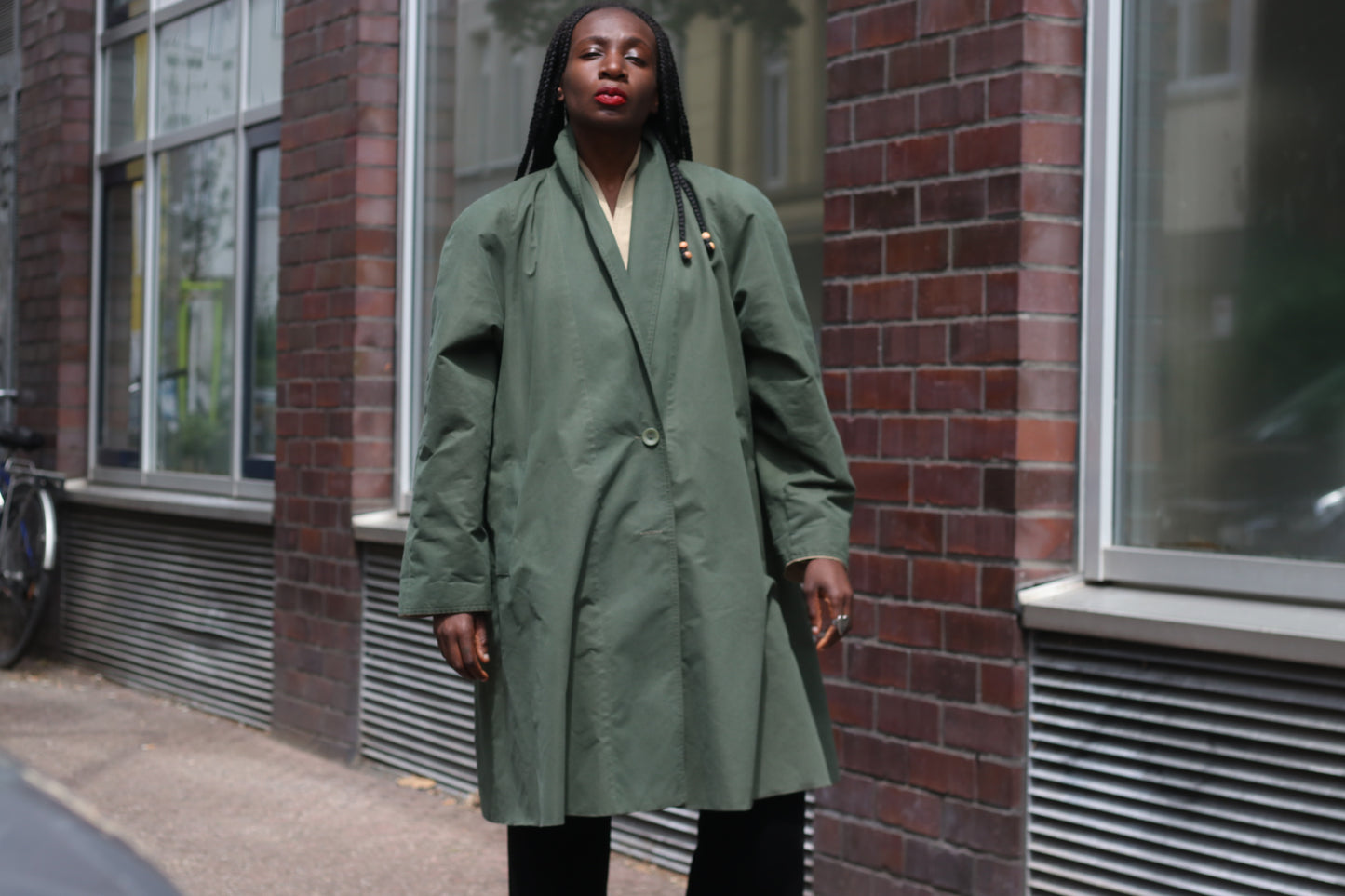 Vintage Ellen Partridge Green Trench Coat 1980s Cotton Duster Minimalist Jacket M