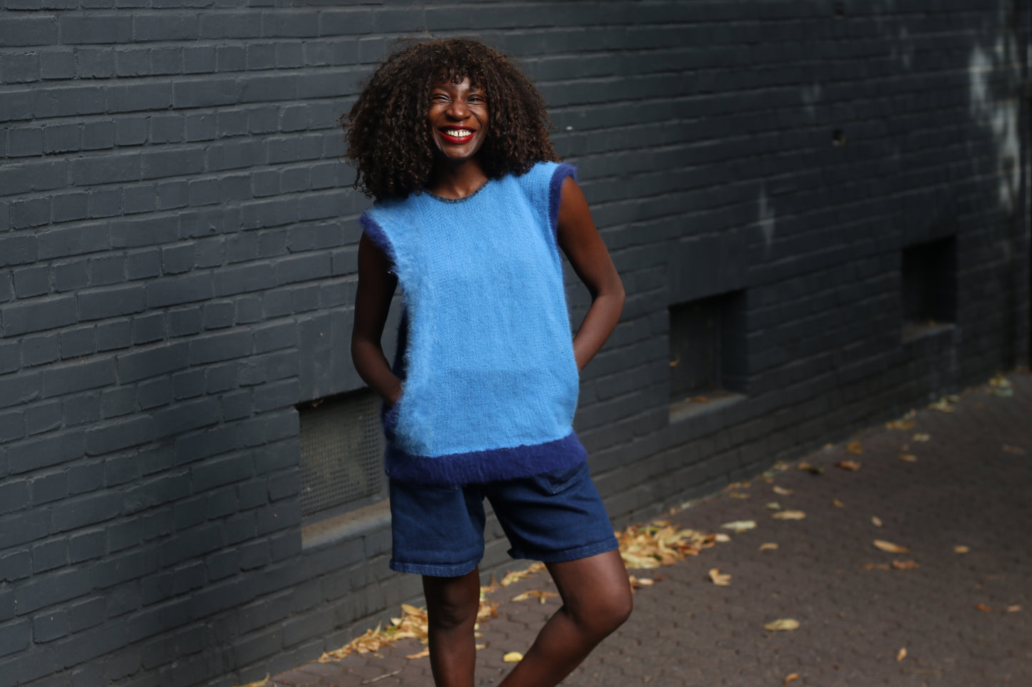 Knit Vest 80s Vintage Blue Mohair Sleeveless Sweater Top | S/M