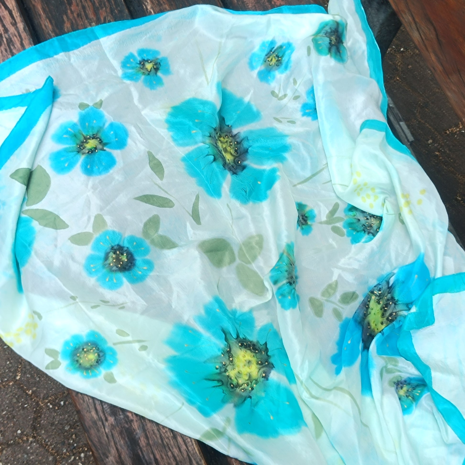 Vintage Hand Painted Silk Scarf - 90s Turquoise Floral Shawl
