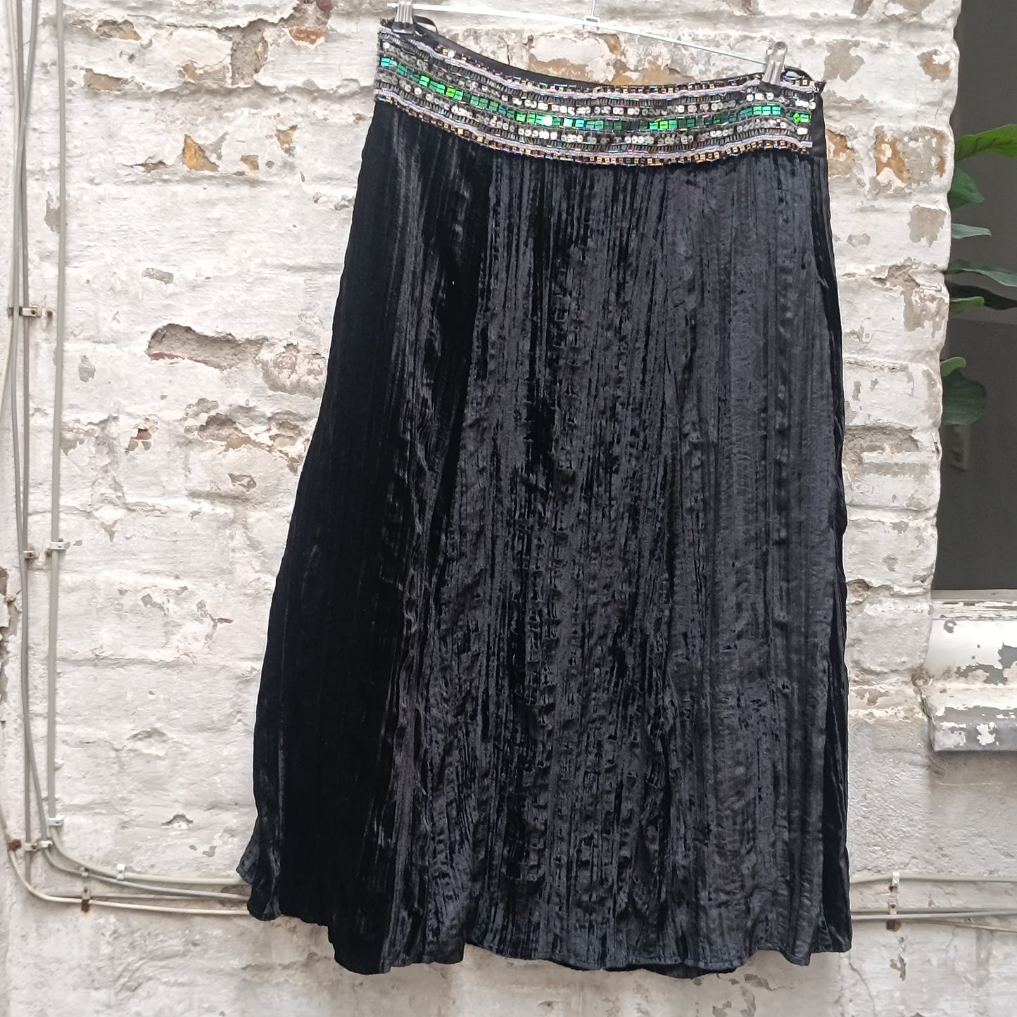 Vintage Velvet Midi Skirt | Y2K Black Crushed Velvet Beaded Skirt