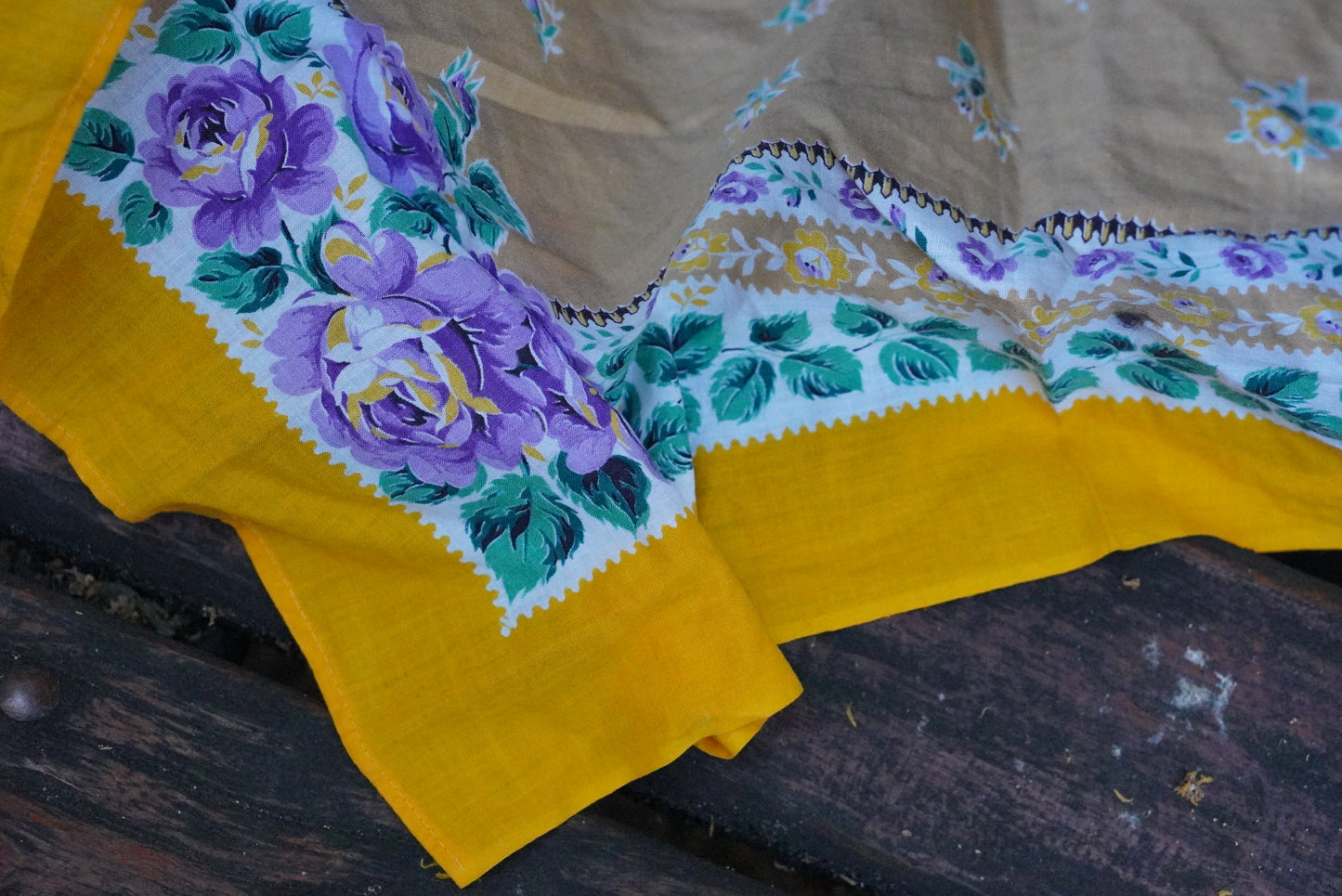Vintage Floral Scarf Yellow Purple Rose Babushka Headscarf Cotton Square Bandana