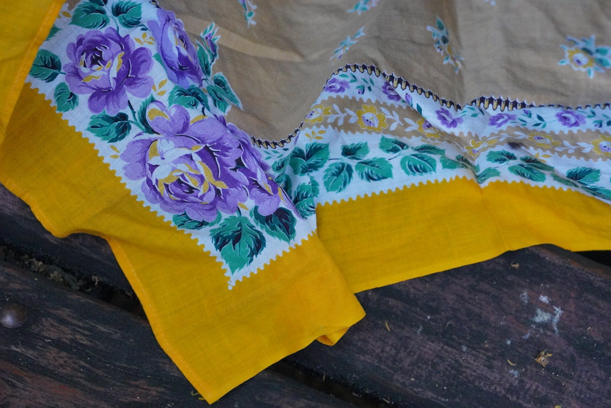 Vintage Floral Scarf Yellow Purple Rose Babushka Headscarf Cotton Square Bandana