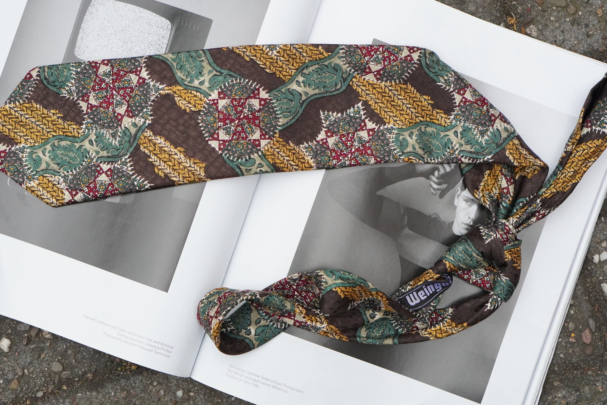 Alpi Vintage 1980s Silk Tie Brown Green Gold Geometric Abstract Mens Necktie