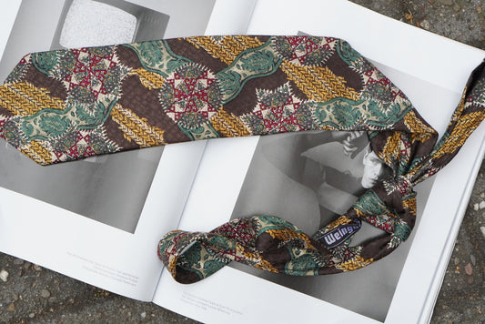 Alpi Vintage 1980s Silk Tie Brown Green Gold Geometric Abstract Mens Necktie