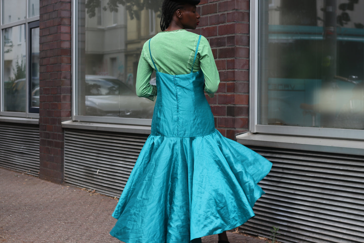 Vintage Y2K Teal Blue Rosette High Low Midi Dress - Party Gown M to L