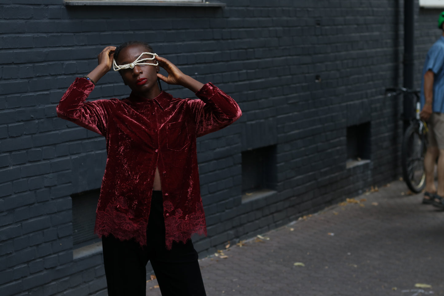  Vintage Gothic Red Velvet Top  | 90s Lace Hem Button Up S