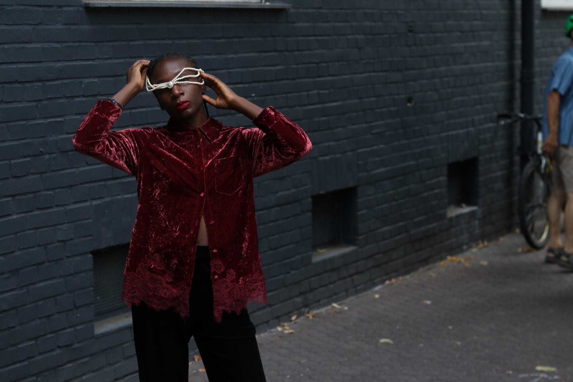 Vintage Gothic Red Velvet Top  | 90s Lace Hem Button Up S