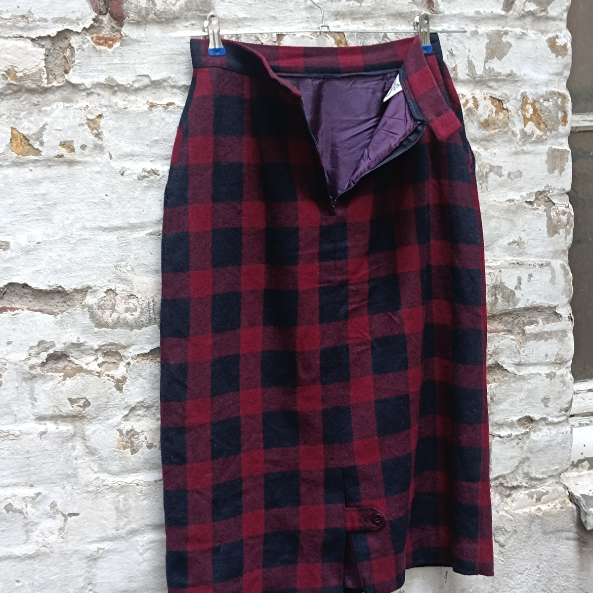Vintage Plaid Wool Pencil Skirt | 90s Red Navy Midi Skirt XS to S