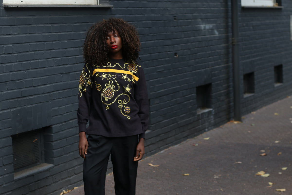 Vintage 80s Black Gold Embroidered Sweatshirt M | Nautical Graphic Jumper