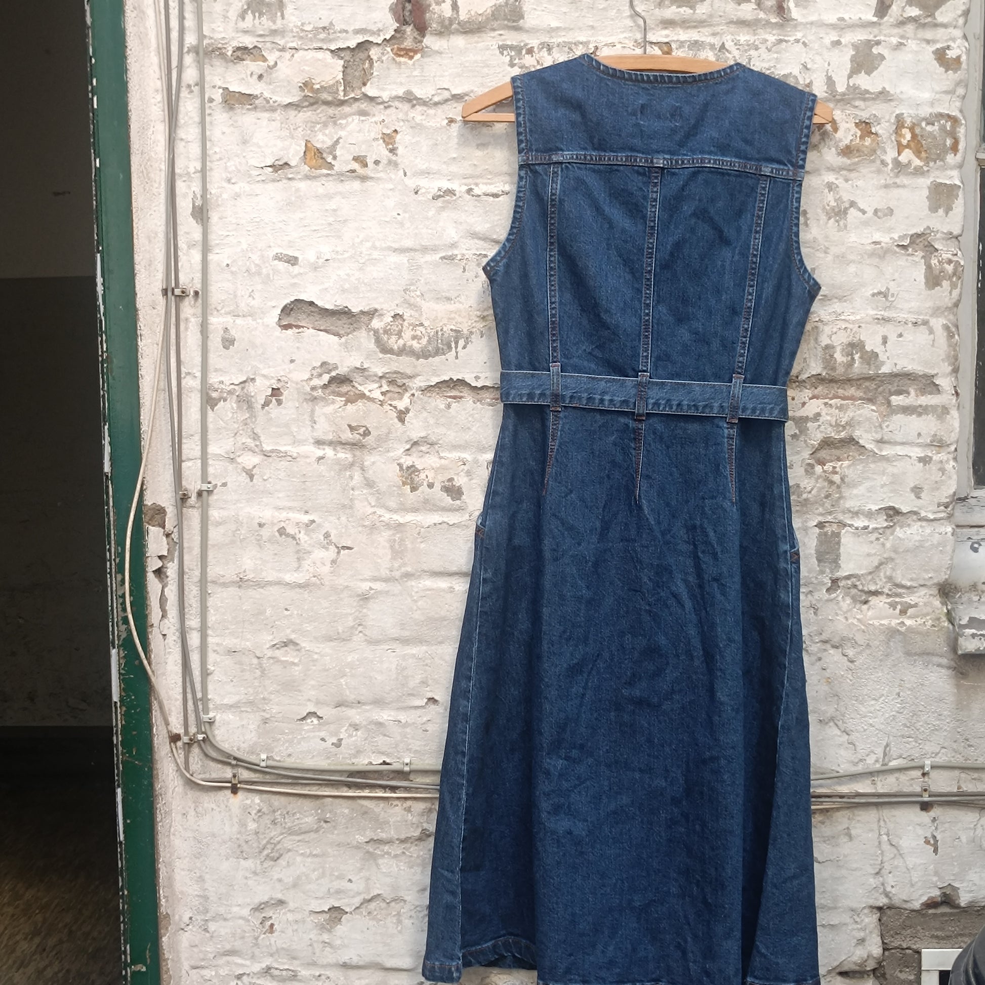 Zign Studio Organic Denim Midi Dress - Sleeveless Belted Jean Dress Blue S