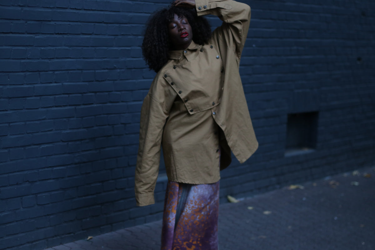 Vintage Military Style Bib Jacket - 90s Khaki Shirt Jacket - M/L