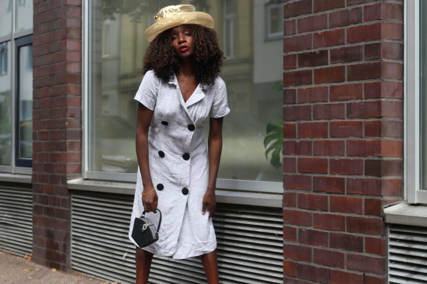 Linen Look Dress | 70s Vintage Double Breasted Midi | Light Grey S/M