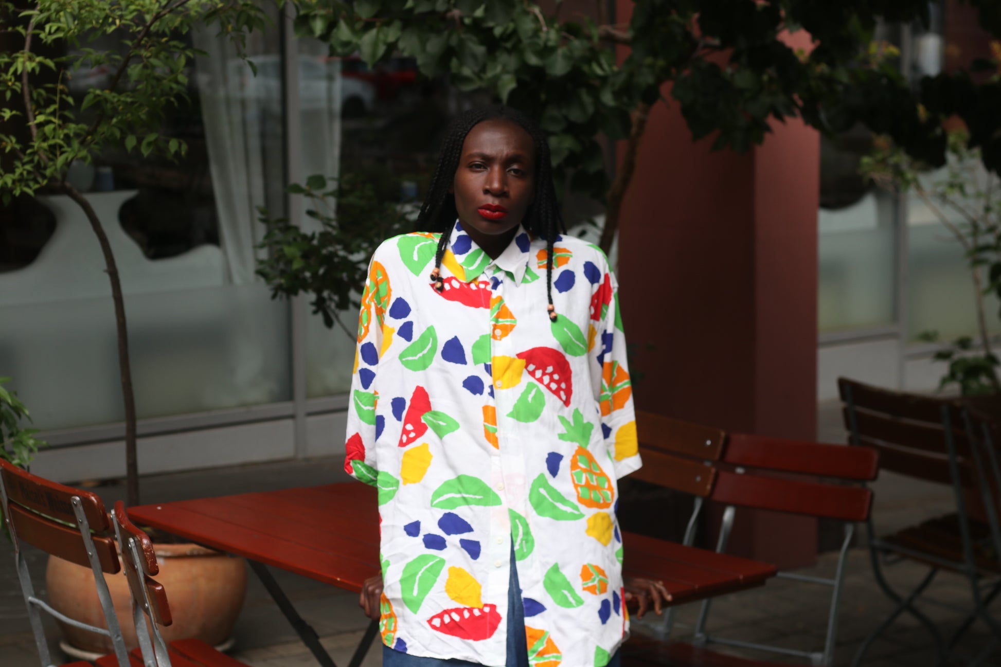 Vintage 1980s Abstract Fruit Print Button Up Shirt Oversized Pop Art Blouse L XL