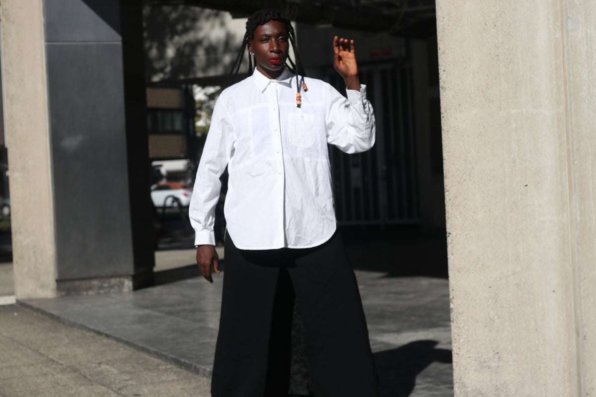 White Cotton Shirt | Vintage Pleated Tuxedo Blouse | Oversized M/L