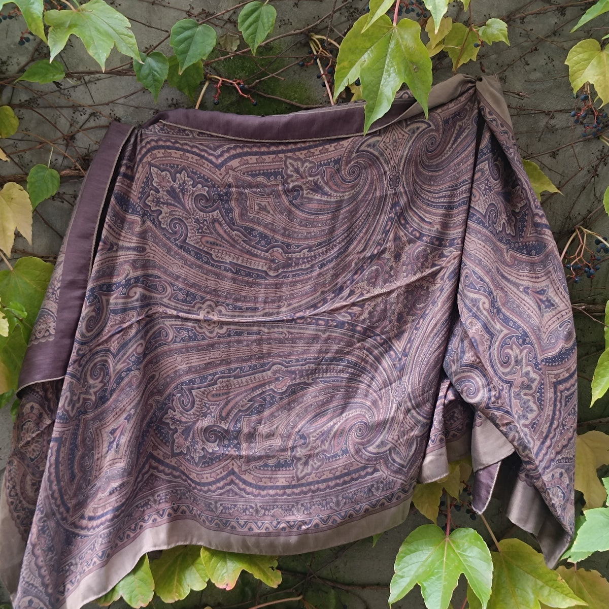 Vintage Paisley Silk Scarf | Bohemian Boho Square Neck Scarf | Brown Purple