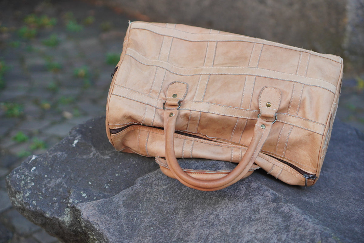Vintage Patchwork Leather Duffle Bag - 1970s Tan Travel Holdall