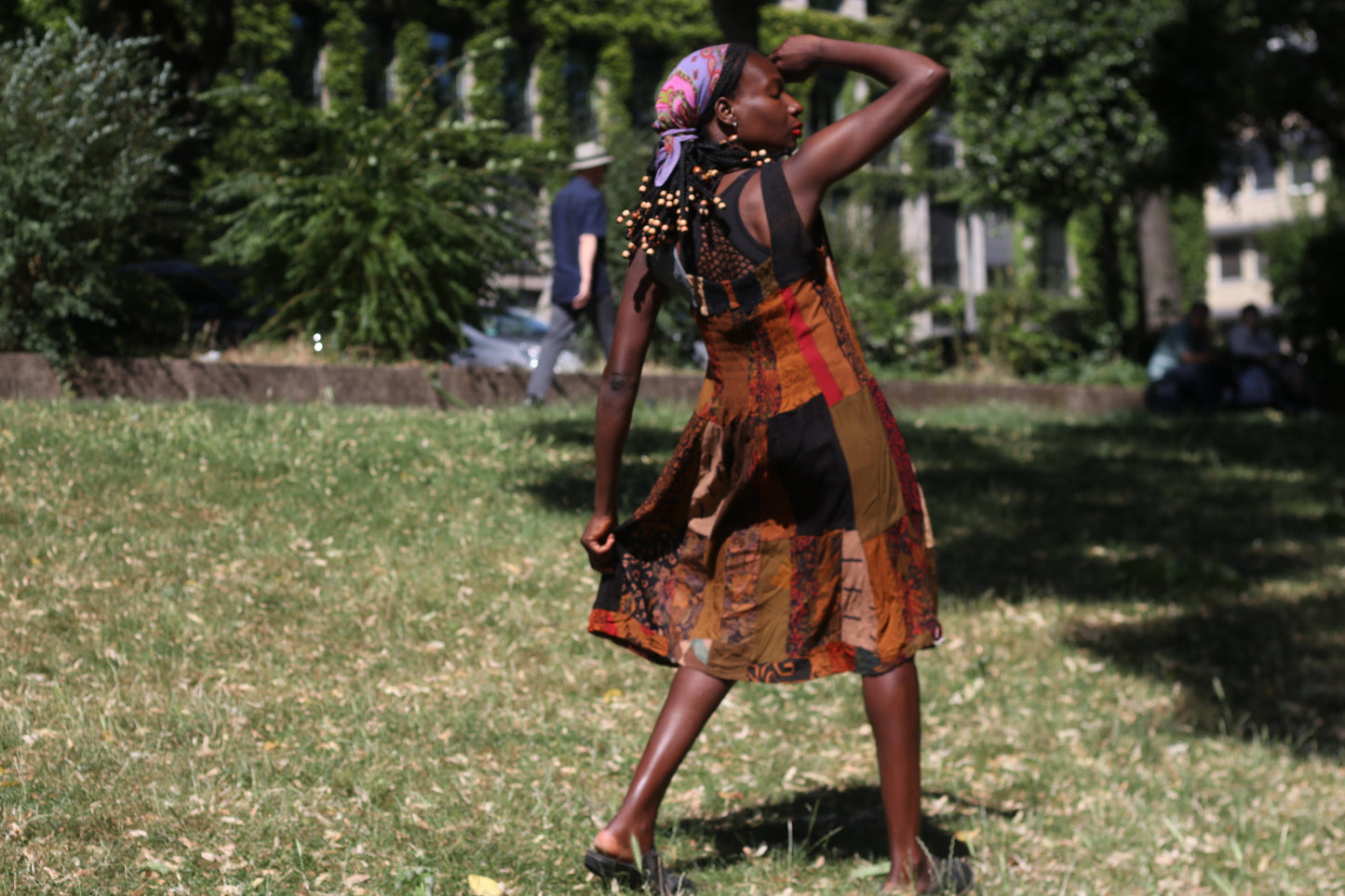 Vintage 90s Patchwork Dress Boho Earthy Midi Grunge Hippie Sleeveless Sundress