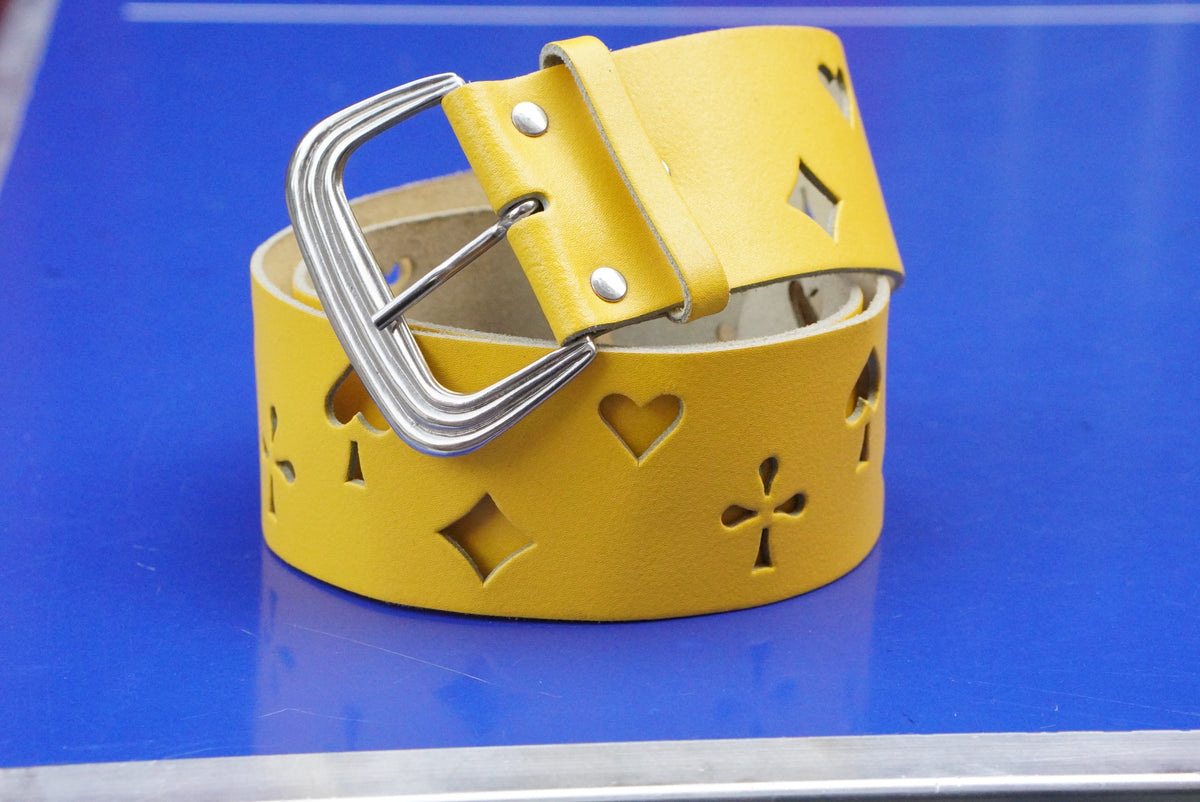 Vintage 90s Yellow Leather Belt - Playing Card Suit Cutouts