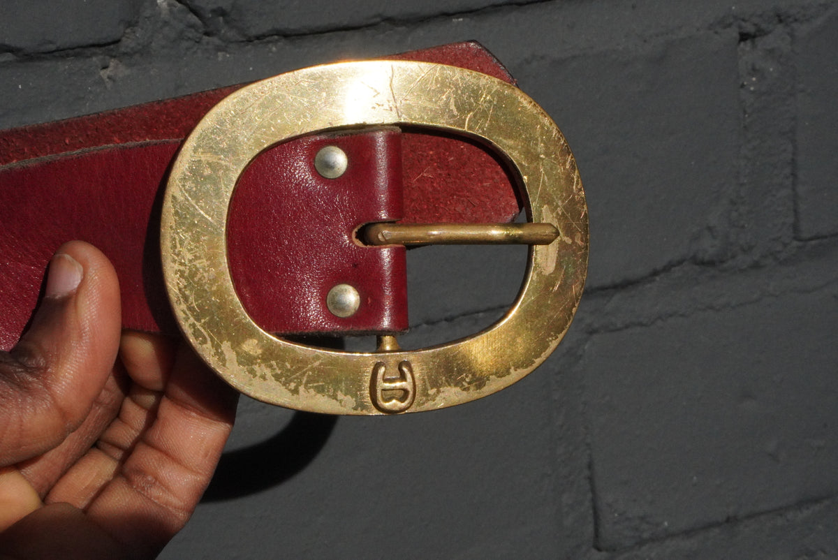Vintage Leather Belt 70s Red Oval Buckle | Retro Statement Belt M
