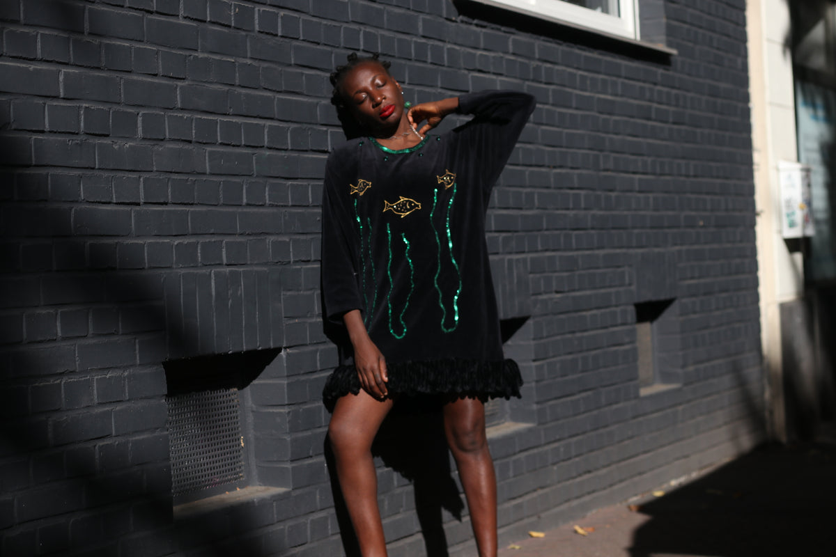 Vintage Velvet Tunic Dress - 90s Black Sequin Fish Mini Dress - L