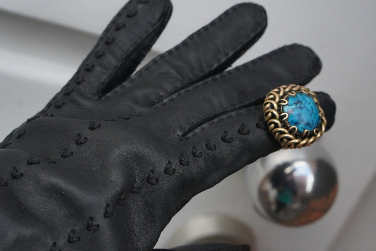 Vintage Leather Gloves | 1970s Mid Calf Opera Gloves | Black Size 7.5