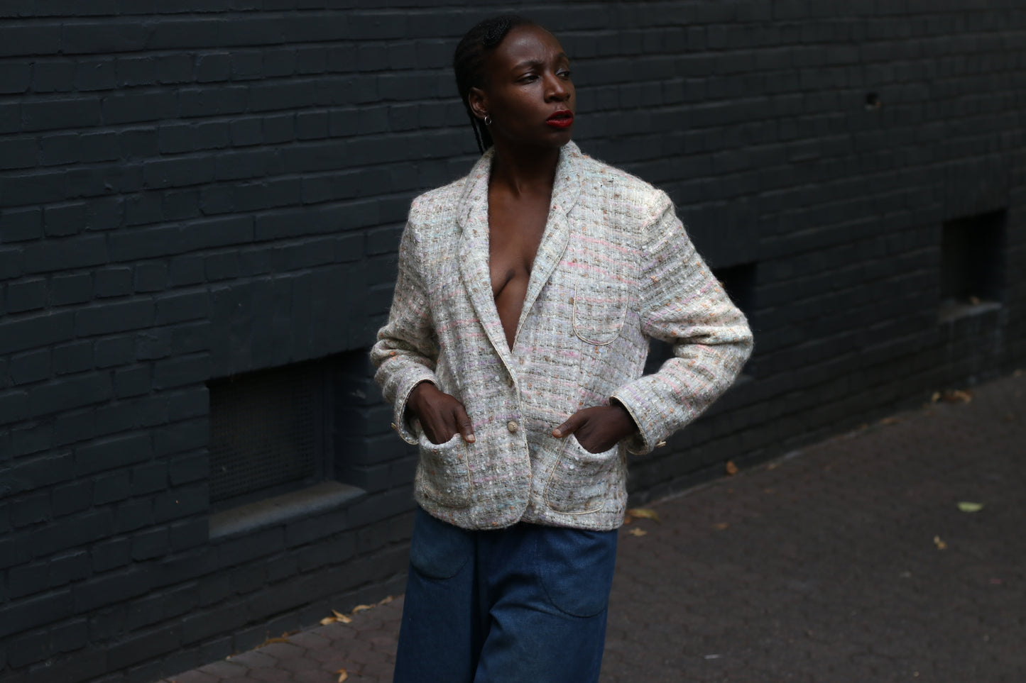 90s Tweed Blazer - Vintage Cream  Création Avance Wool Blend Jacket - M/L