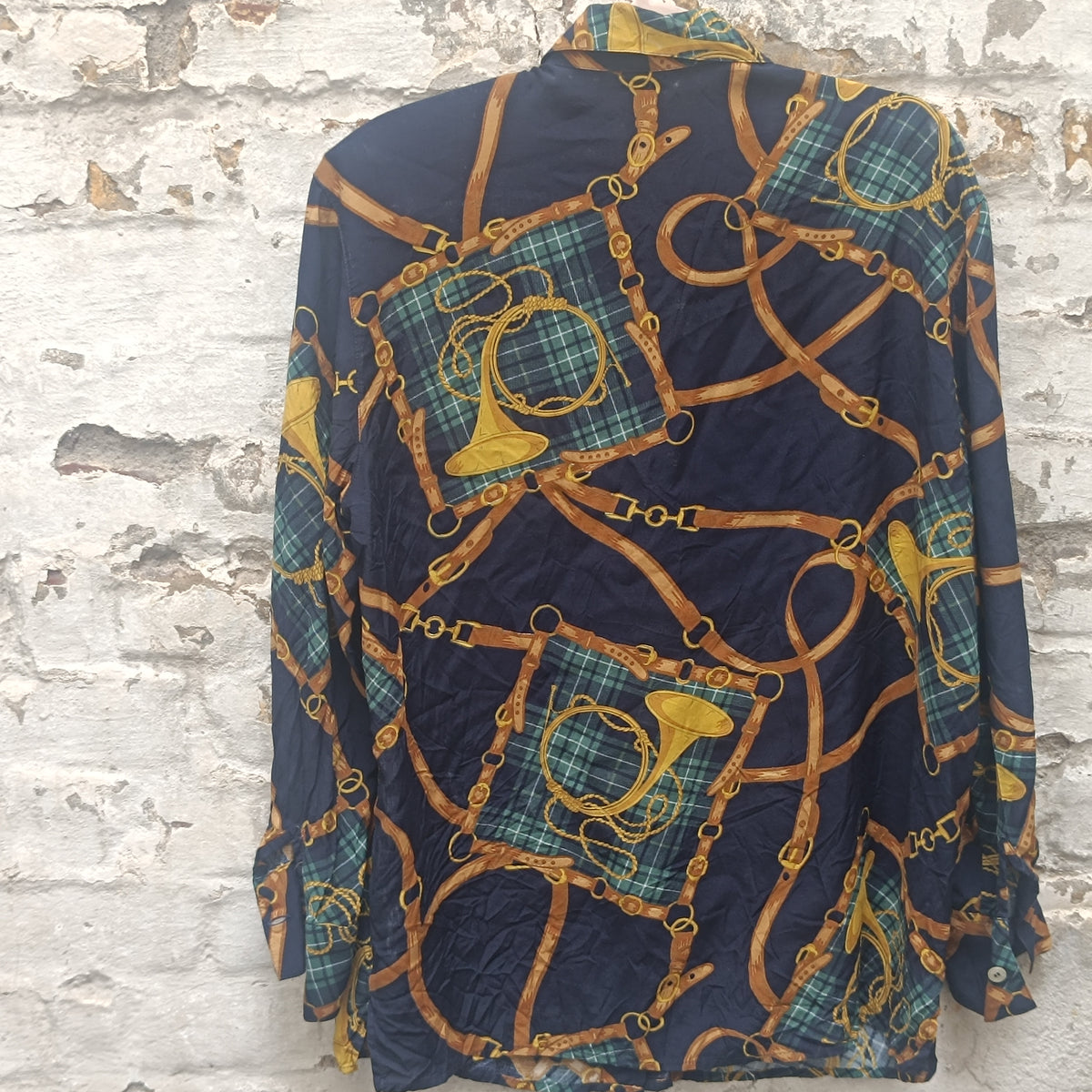 90s equestrian print button down shirt, resort style navy blue blouse, size M