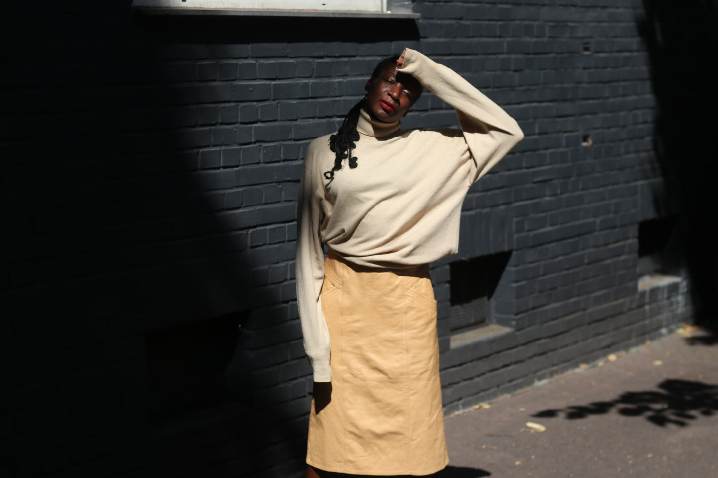 Vintage Leather Skirt - 80s Camel Tan Midi Skirt | Minimalist A-Line