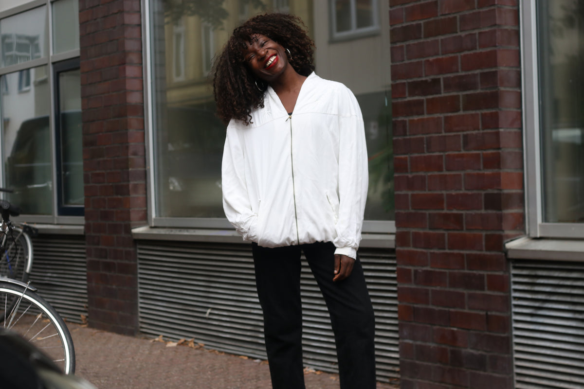 Vintage 80s Piretta White Embroidered Bomber Jacket | Oversized Zip Up M