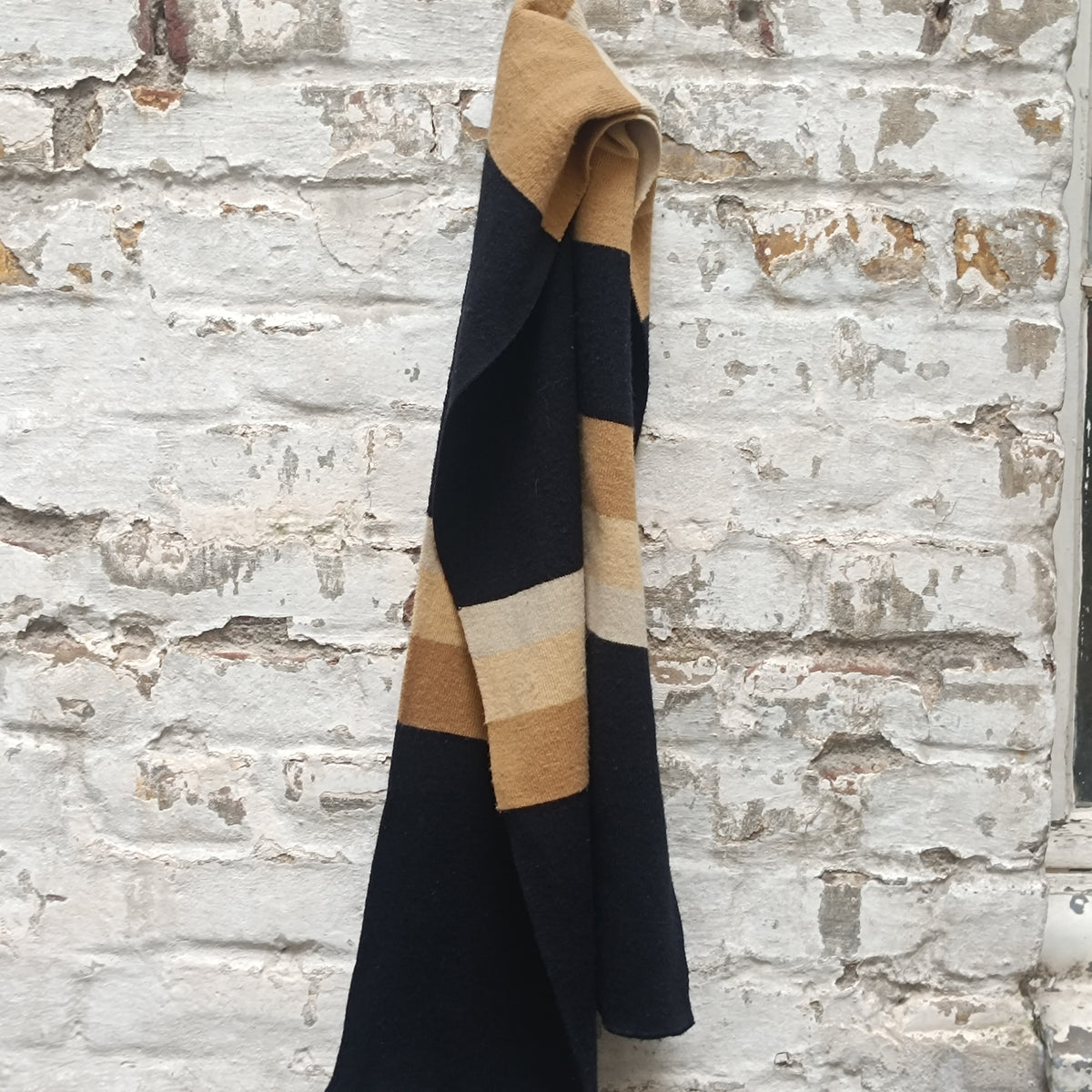 Knit Scarf - Vintage 90s Block Stripe Winter Wrap - Black Beige