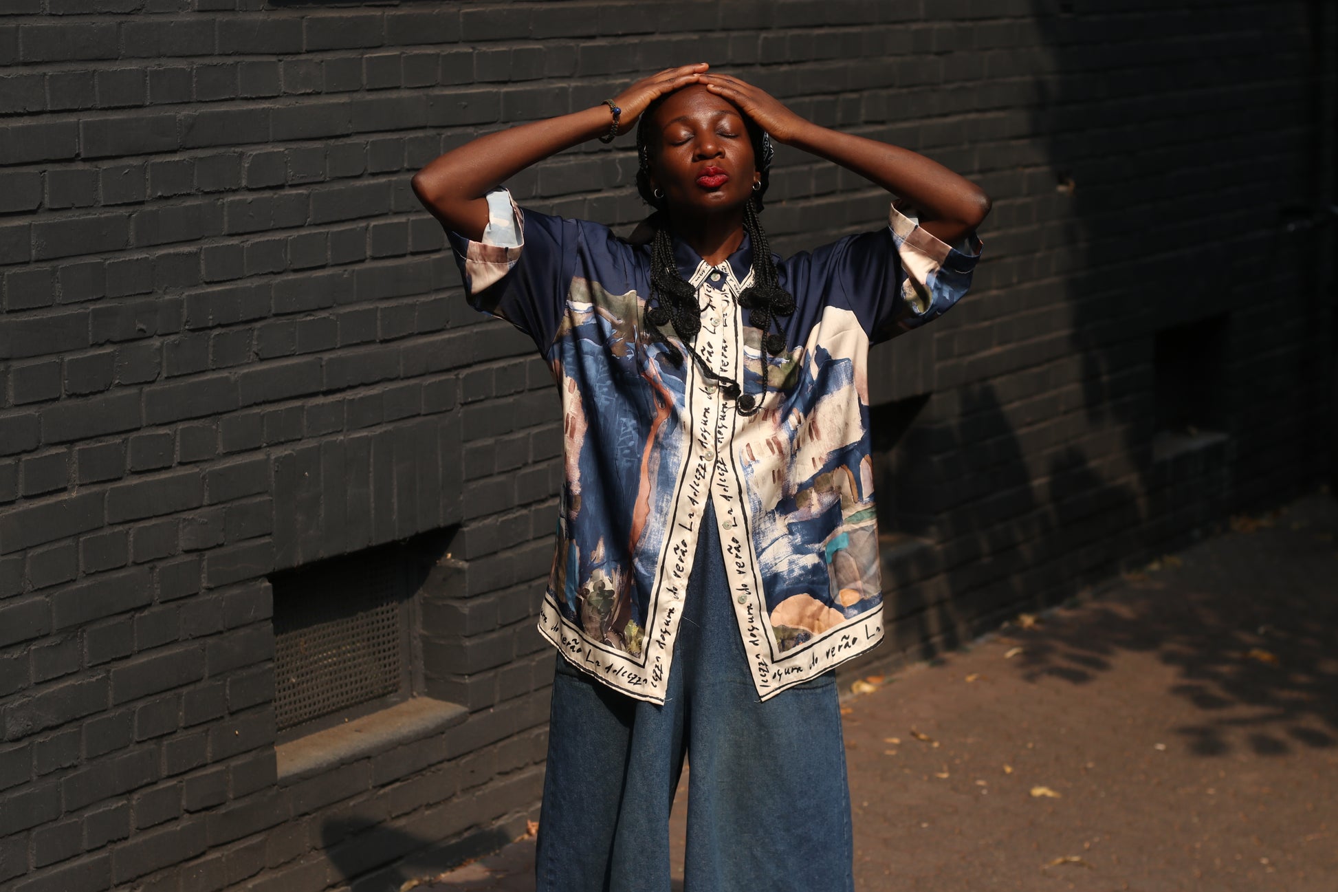 Vintage Silk Landscape Print Shirt - 90s Oversized Blue Blouse  M/L