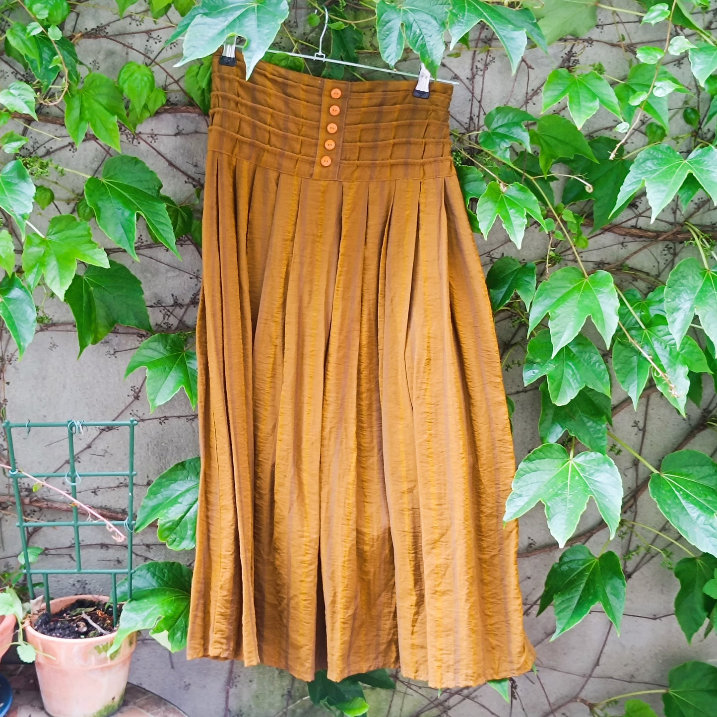 Vintage 70s Mustard Gold Maxi Skirt - Striped Boho Pleated Long Skirt