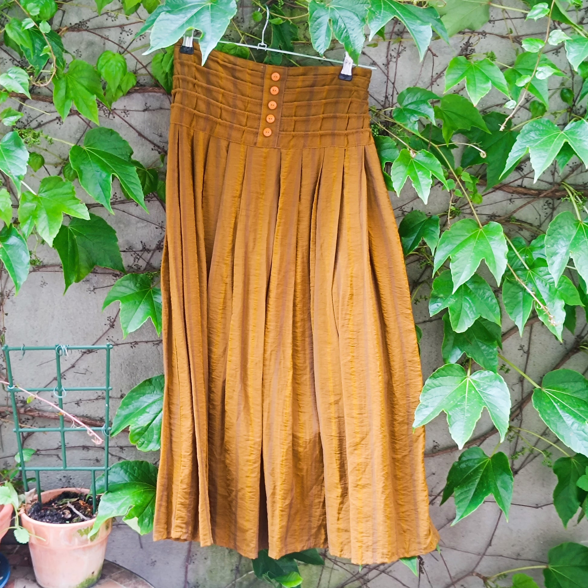 Vintage 70s Mustard Gold Maxi Skirt - Striped Boho Pleated Long Skirt