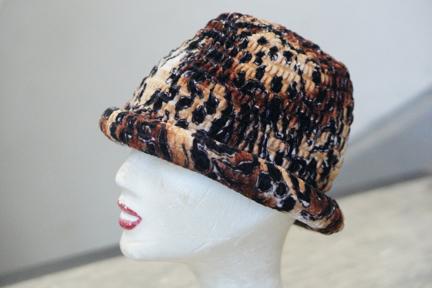 Leopard Bucket Hat | Vintage 90s Velvet Cloche | Brown Animal Print One Size