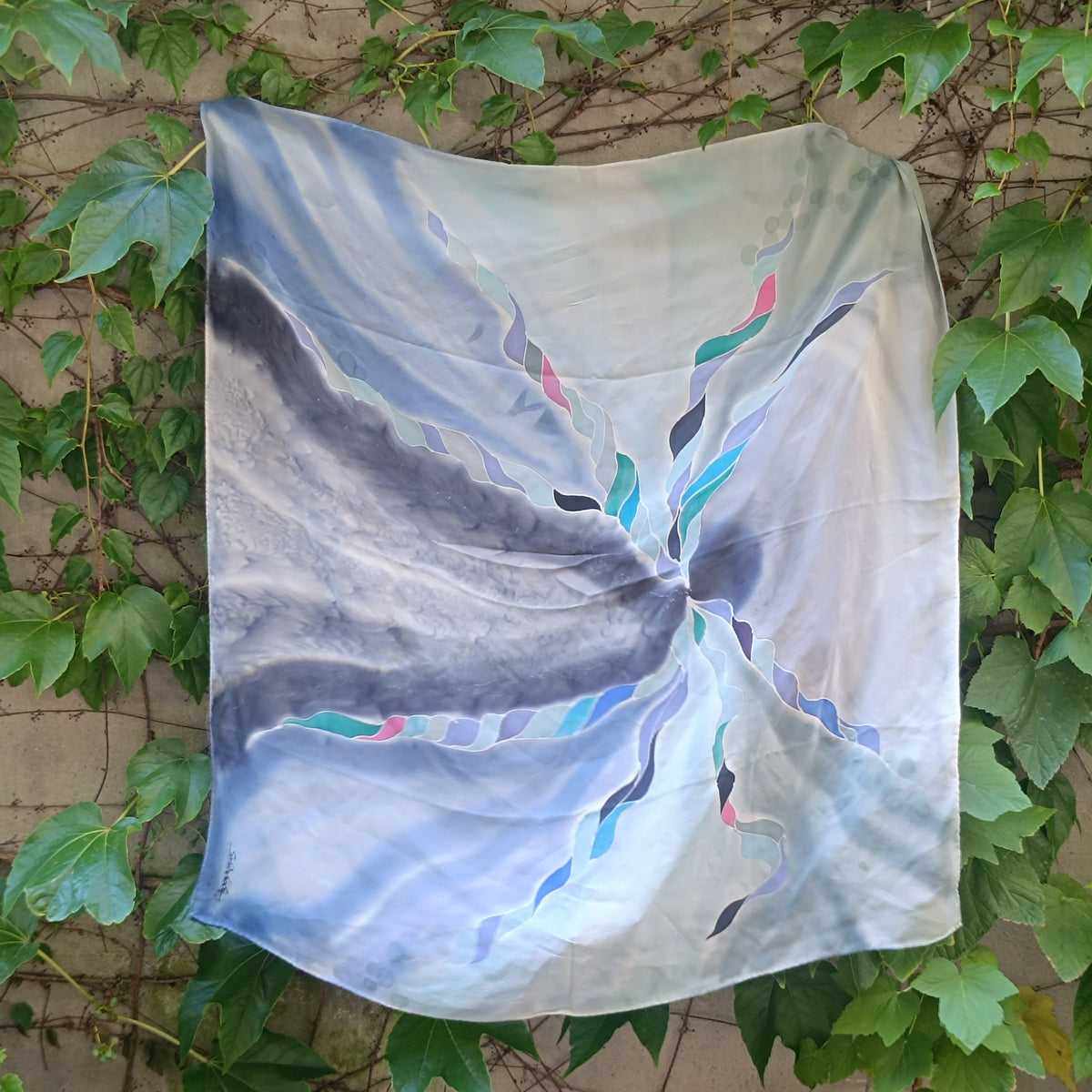 Silk Scarf - Vintage 80s 90s Art Silk - Blue Abstract Square Scarf | One Size